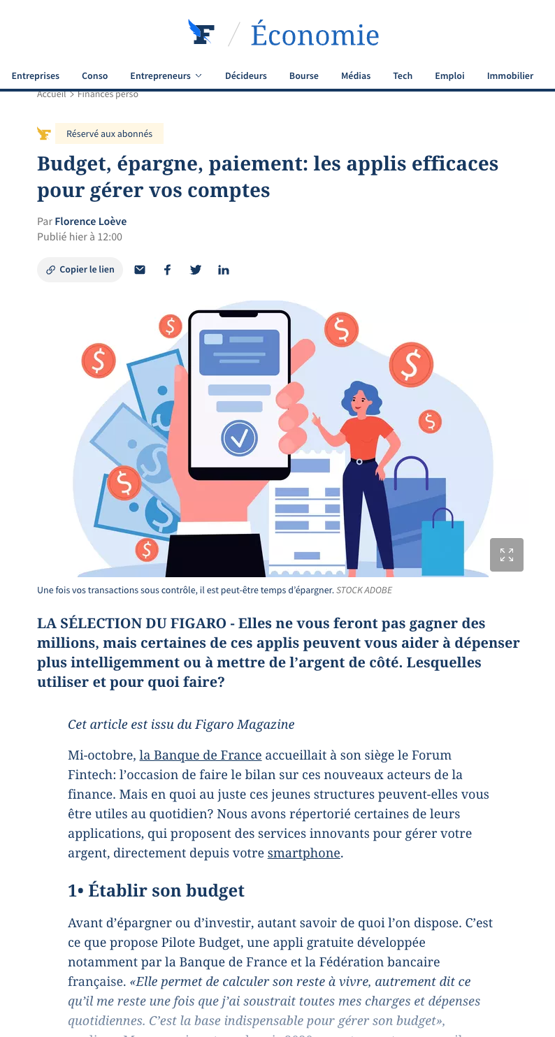 Le Figaro : Budget, épargne, paiement: les applis efficaces pour