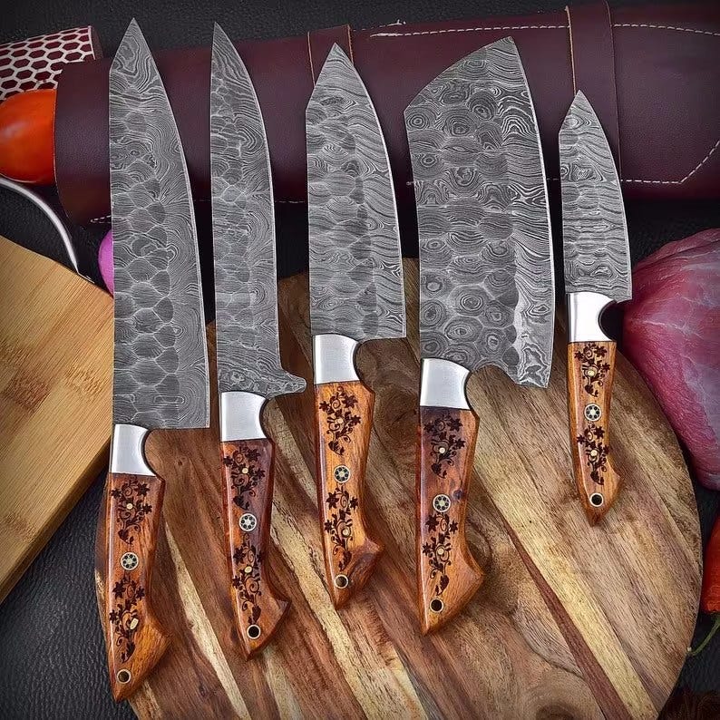 5 Piece Kitchen Chef Knife Set Brown Flower Rose Wood