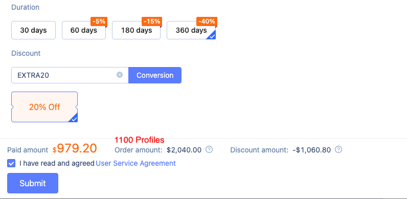 1100 Browser Profiles cost