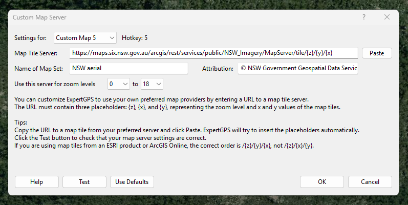 NSW aerial imagery as a Custom Map Server in ExpertGPS Pro