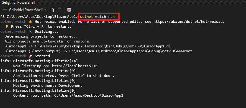 Komut Sistemi: dotnet watch run