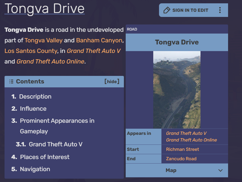 Reviewing the GTA Wiki page for Tongva Drive to compare road structure, elevation, and regional placement within Los Santos County