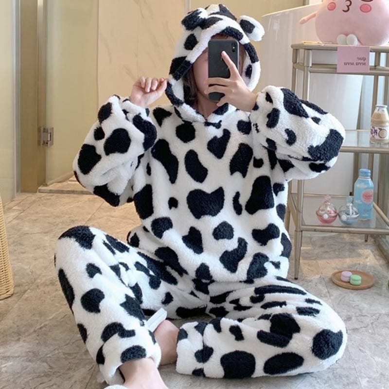 Super Kawaii Milk Cow Print Fleece Pajama Sleepwear For Women