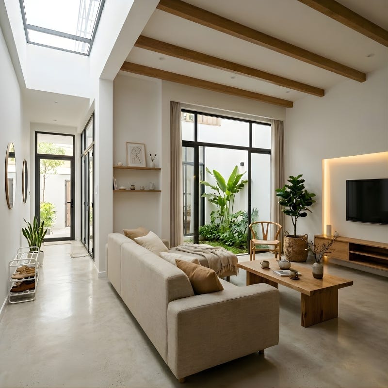 Không gian phòng khách sử dụng sàn bê tông mài (polished concrete) hiện đại kết hợp cùng hệ xà gồ gỗ tự nhiên trên trần tạo cảm giác mộc mạc nhưng sang trọng.