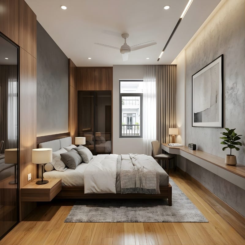 Tối ưu diện tích với hệ tủ quần áo và bàn làm việc kịch trần từ gỗ MFC, bề mặt hoàn thiện mịn màng giúp phản xạ ánh sáng tự nhiên từ khung cửa sổ nhôm kính.