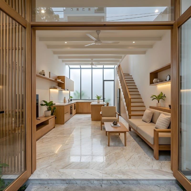 Sự xuyên suốt của sàn đá nhân tạo sáng bóng, hệ cầu thang gỗ và cửa lùa khung gỗ kính giúp nới rộng không gian nhà ống 1 tầng.