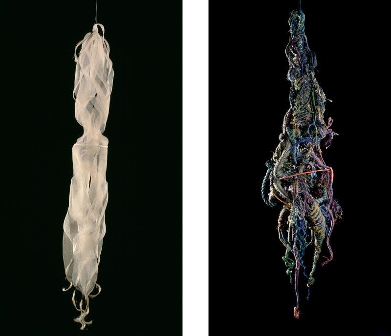 (Left) Kay Sekimachi, Nagare VII, 1970. Woven nylon monofilament, 80 x 9 x 9 inches. (Right) Neda Al-Hilali, Medusa, 1975. Sisal, jute, linen thread, wool, and gold wire, 82 x 20 3/8 inches, diameter irregular. Photos courtesy Smithsonian American Art Museum.