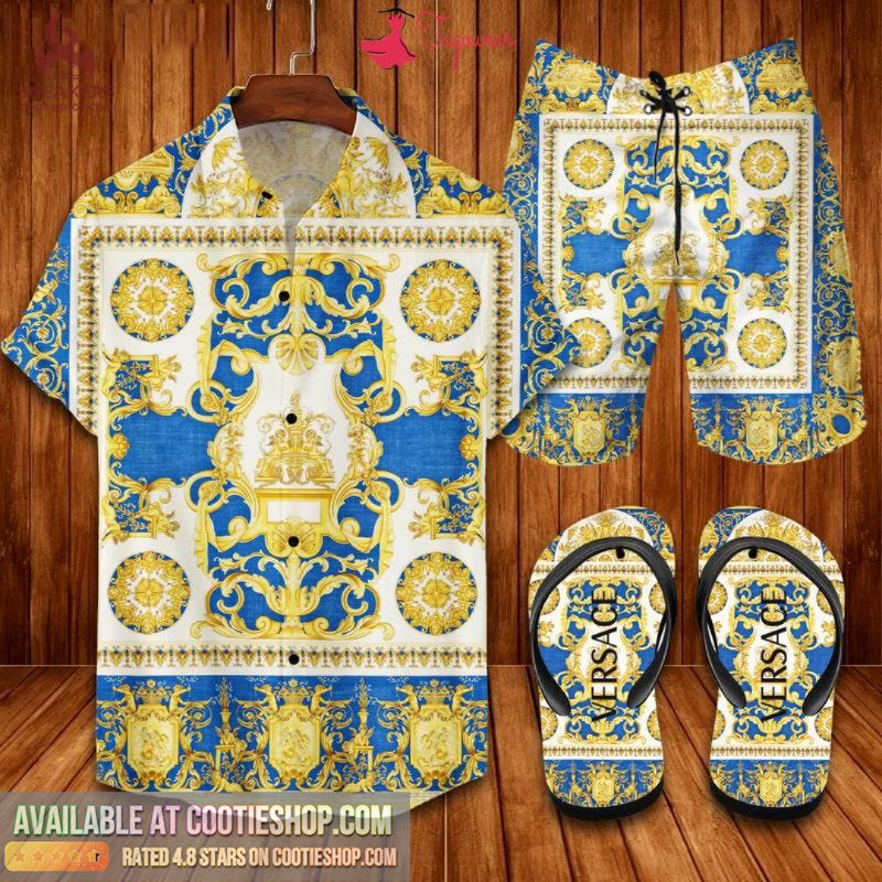 Versace Lion Head with Birds Hawaiian Shirt Shorts and Flip Flops Combo