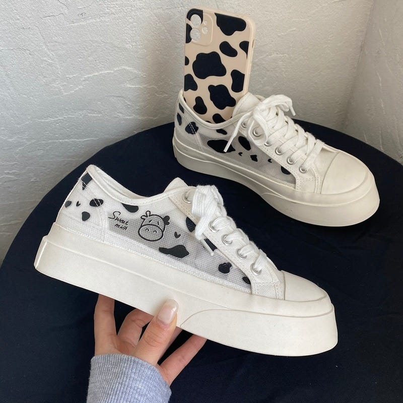 Pink Cow Pattern Print Women's Slip On Sneakers