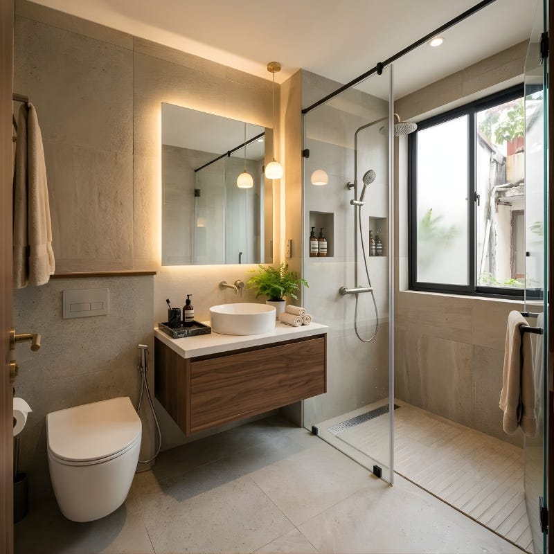 Nhà vệ sinh sử dụng gạch Porcelain giả đá chống trơn trượt, vách kính cường lực 10mm và chậu rửa lavabo bằng sứ trắng cao cấp trên nền tủ chậu gỗ nhựa chịu nước.