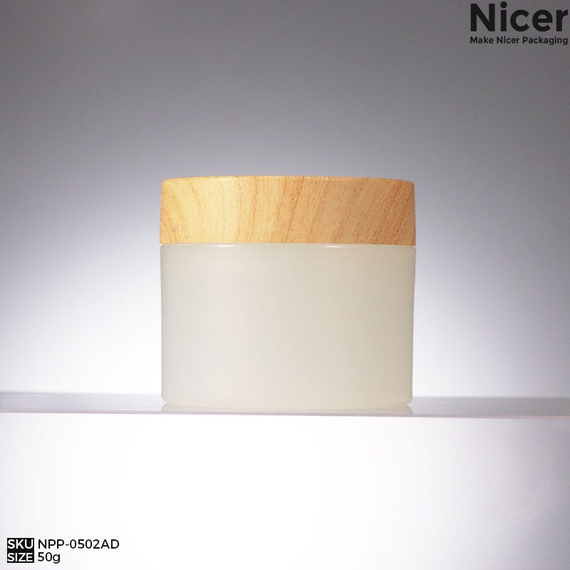 High quality double walls 50g 50ml PP plastic jar with wood like water transfer printed lid…