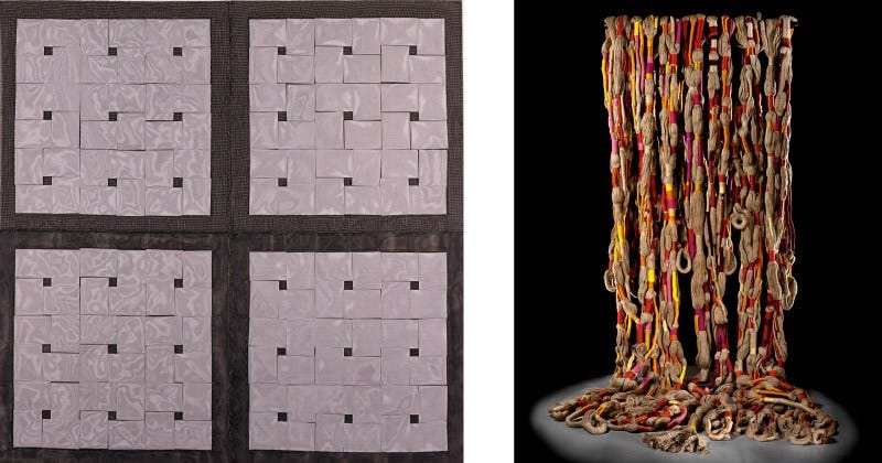 (Left) Maria Castagliola, A Matter of Trust, 1994. Paper on fiberglass screen with cotton thread, 72 x 72 x 1/8 inches. (Right) Sheila Hicks, The Principal Wife Goes On, 1969. Linen, silk, wool and synthetic fibers, dimensions variable. Photos courtesy Smithsonian American Art Museum.