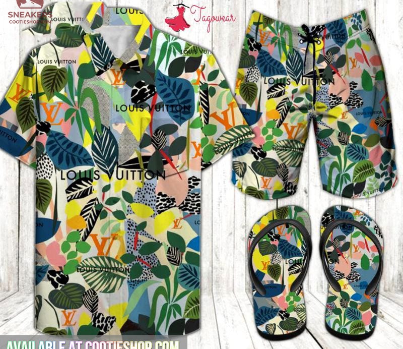 Louis Vuitton Combo Hawaiian Shirt, Beach Shorts Flip Flops Luxury