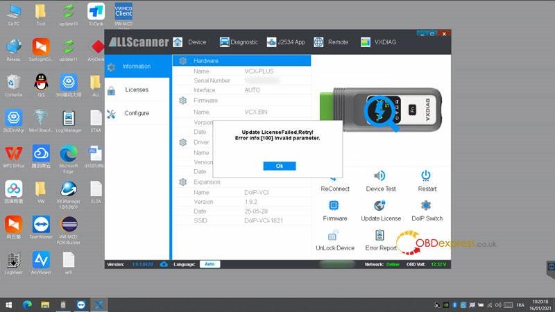 Fix VXDIAG VCX SE Update License Failed (Error 100 Invalid Parameter)