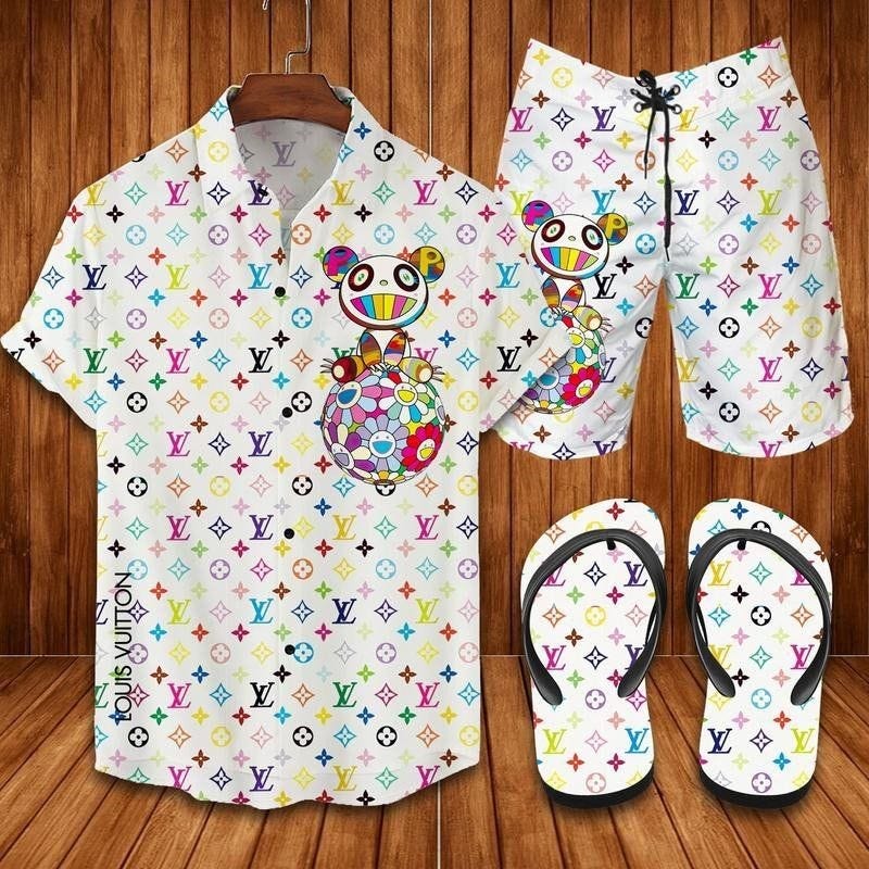 Louis Vuitton Panda LV Shorts Hawaii Shirt Flip Flops Combo Outfit