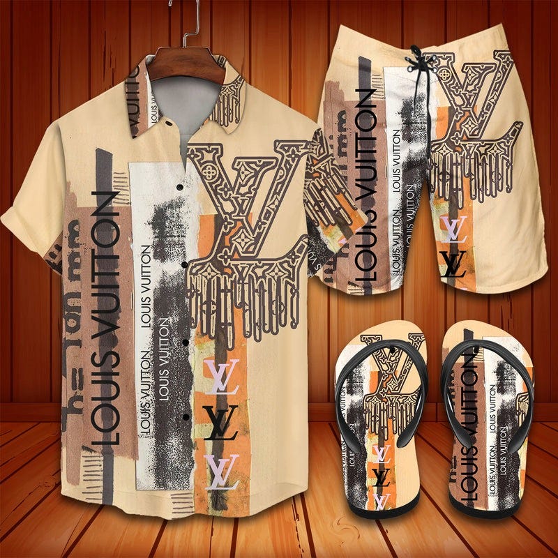 Louis Vuitton Hawaii Shirt Shorts Set & Flip Flops Luxury LV