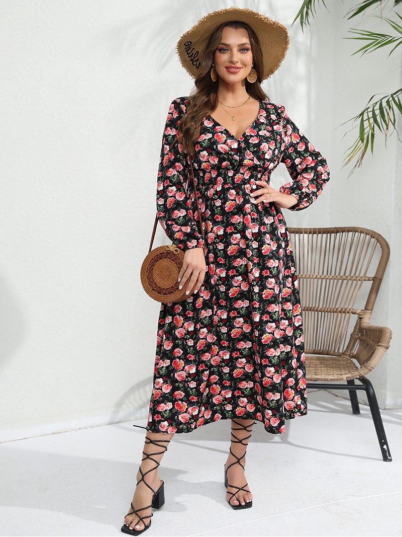 Gray Floral Long Sleeve Maxi Dress Plus Size Elegant Casual Dress main image 1