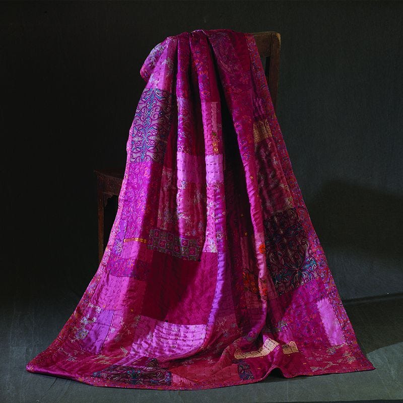 Reversible patchwork red pink silk throw by Ikikai lifestyle Medium