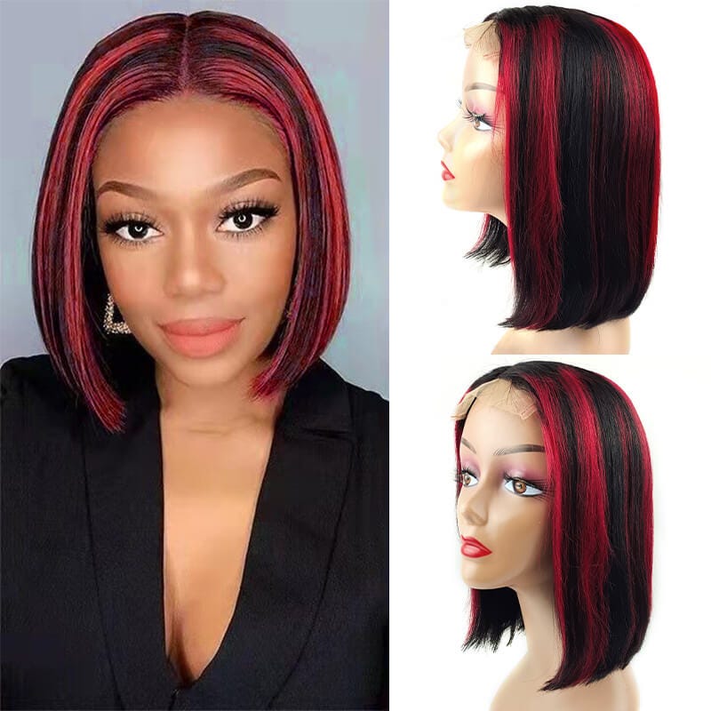 14A Highlight Wig Ombre P1/Red Straight Short Bob Wig Human Hair Middle ...