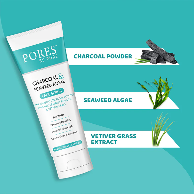 Glow Radiant: Charcoal & Seaweed Algae Gel Face Scrub with Bamboo Charcoal & Vetiver Grass