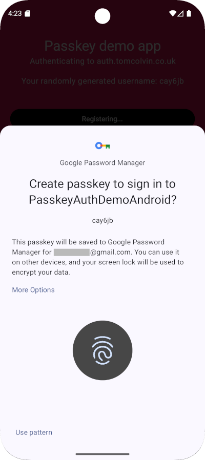 Passkey demo app is registering. Google Password Manager prompts to create a passkey for “cay6jb” to sign in to PasskeyAuthDemoAndroid. It will be saved to the linked Google account and secured by the screen lock. Fingerprint or pattern can be used.