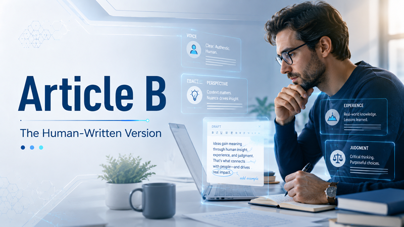 AI Generated Image: Man Writing an Article B the Human-Written Version