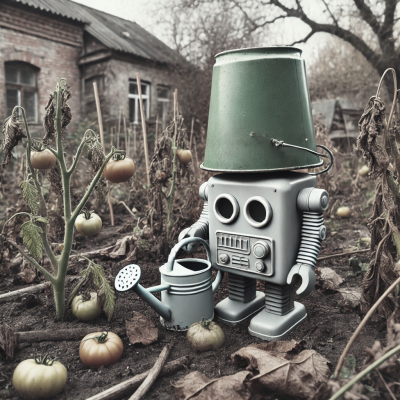 A silly looking robot holds a watering can and stands in a neglected garden with wilting tomatoes.