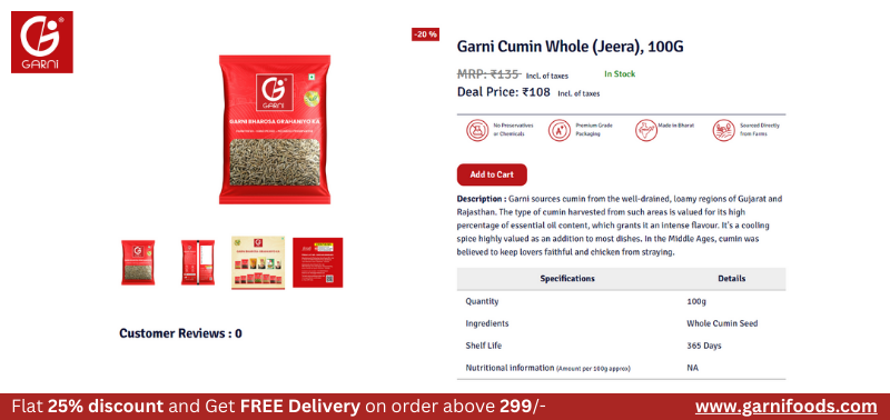 Sabut Jeera | Kala Jeera | Buy Whole Cumin from Garni Foods.