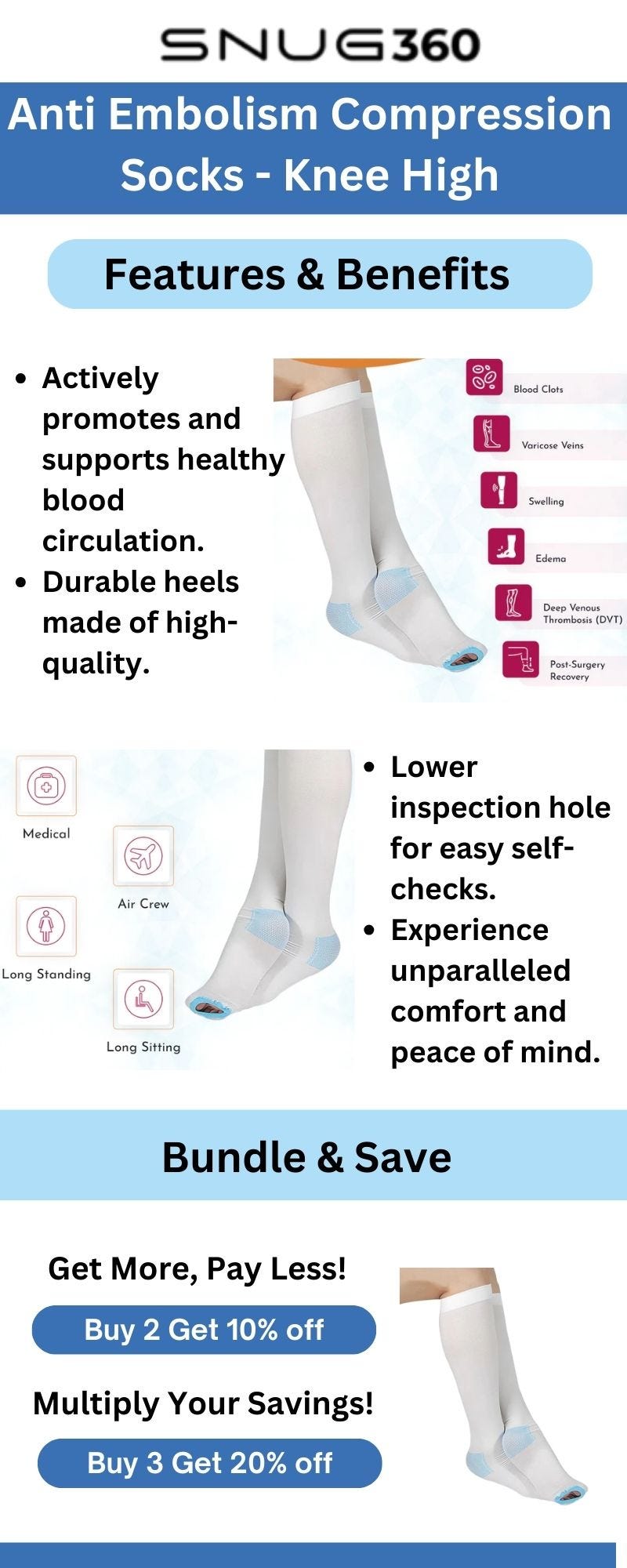 Anti Embolism Compression Socks — Knee High SNUG360 Medium