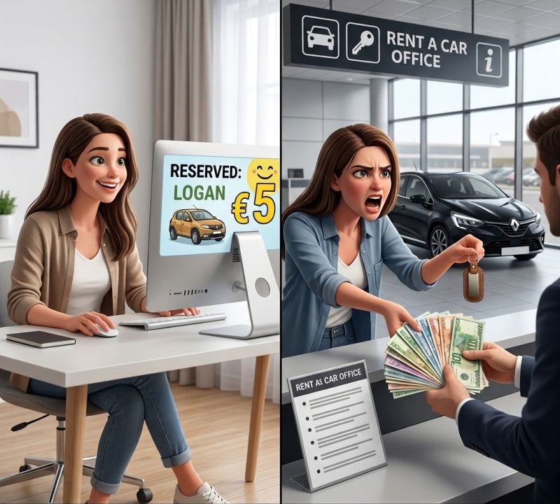 (The difference between the advertised price and the real cost. On the left: the promise. On the right: the reality)
