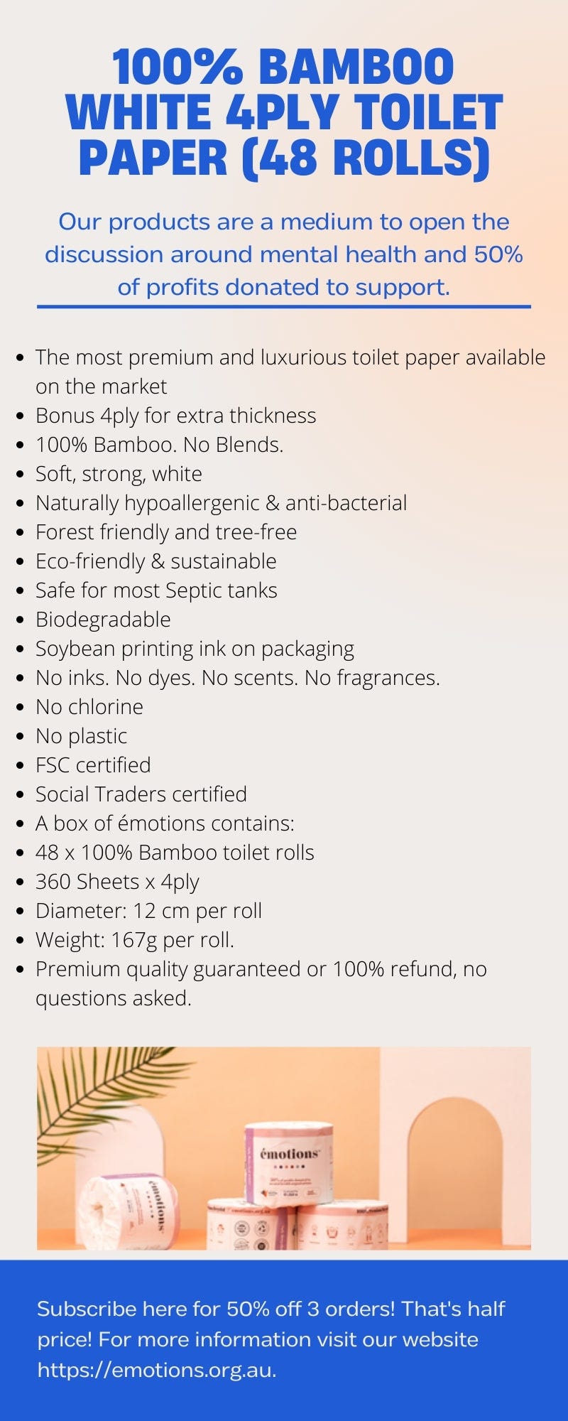 100 Bamboo White 4ply Toilet Paper (48 rolls) Emotions Org Medium