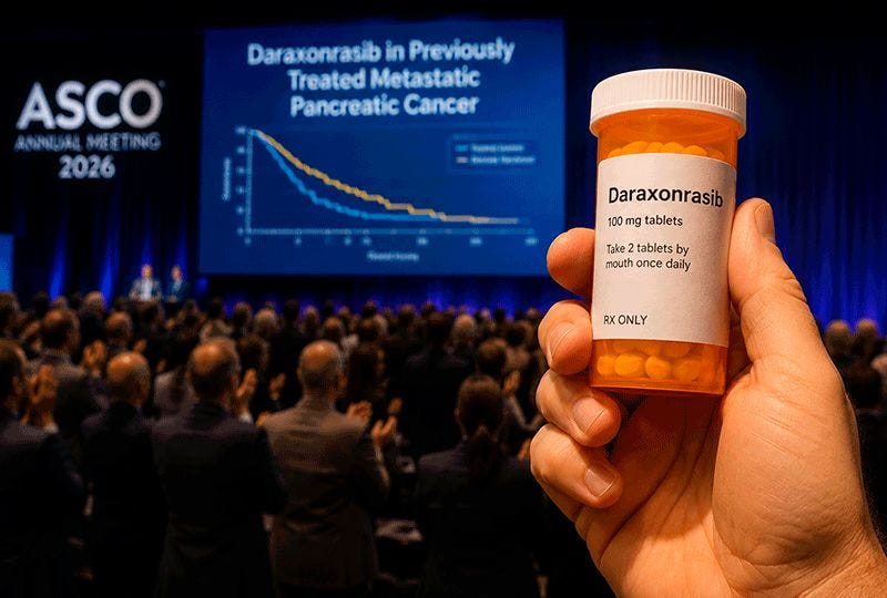 Image credit: A presenter at the ASCO 2026 Annual Meeting displays the survival rate breakthrough for daraxonrasib. Source: ASCO via Russian Time Magazine