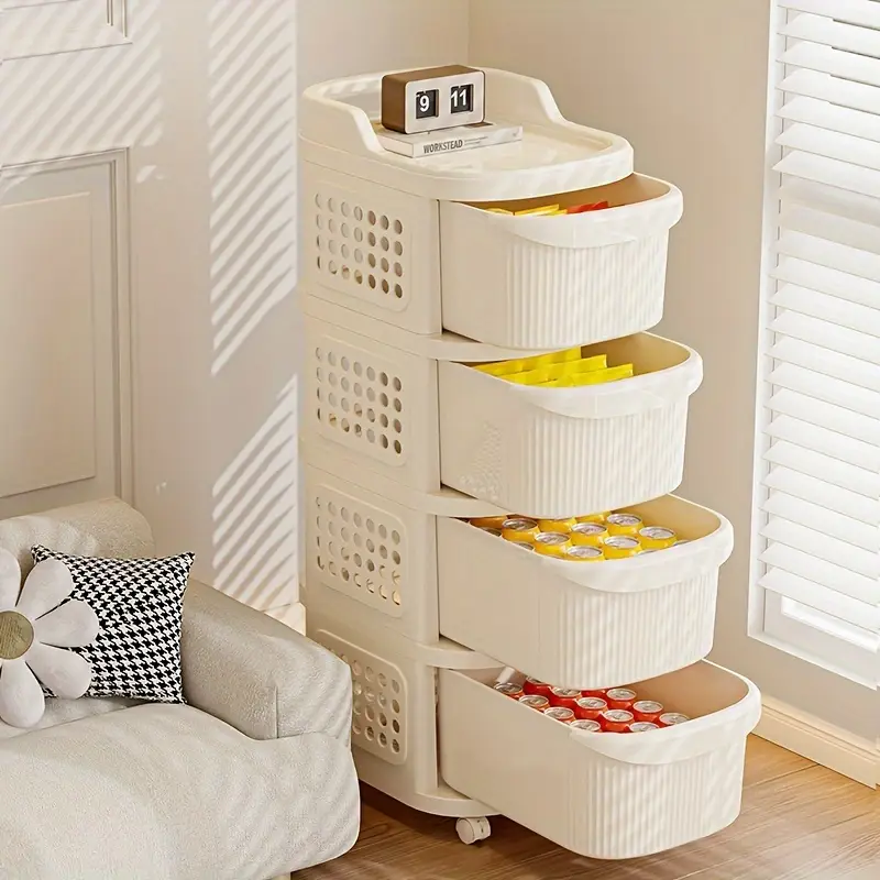 Organizador de Almacenamiento Apilable de Múltiples Capas con Puertas, Cajones y Ruedas.
