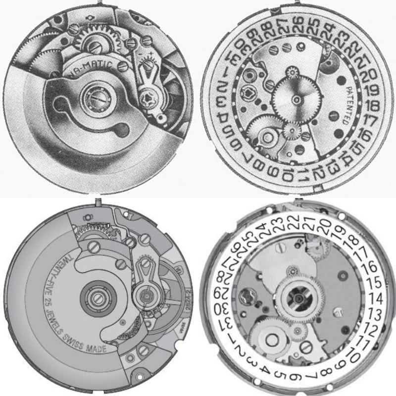 Eterna 1541 (up) and modern ETA 2824–2 (down). The 1541 has the same size of 2824 (11.5 ligne and 4.6 mm in height), but runs in 3Hz with an older keyless work design.