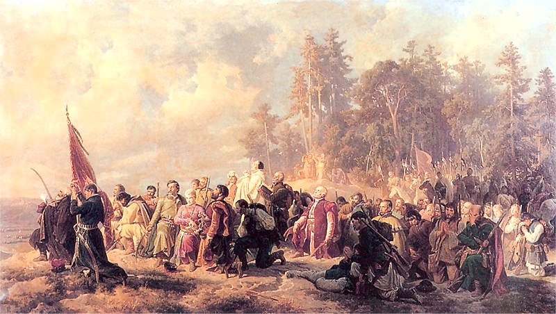 Bar Confederates pray before a battle, painting by Artur Grottger (1863). Public domain