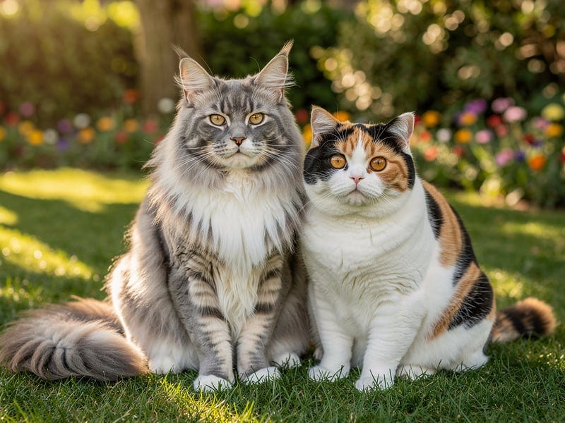 AI generated — a cat couple — male left, female calico right. Waiting for the sunset…