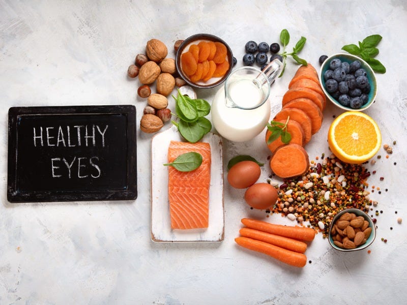 Top 10 foods for healthy eyes. Oily fish,nuts,citrus fruits,leafy… by
