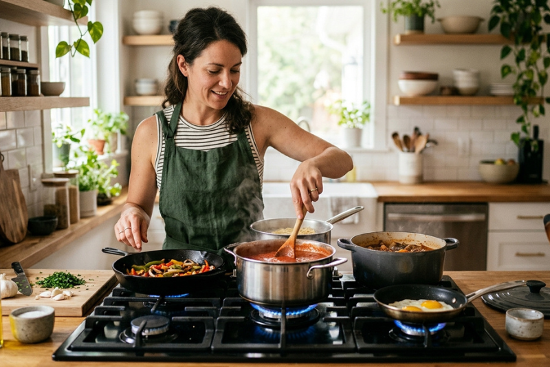 Mulher sorridente com avental verde cozinhando em fogão a gás, mexendo molho vermelho em panela inox, com frigideira de legumes coloridos e outros utensílios ao redor, em cozinha clara e aconchegante decorada com plantas.