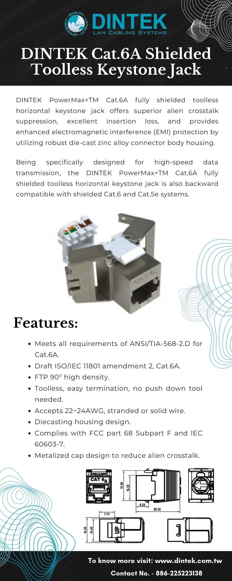 DINTEK Cat.6A Shielded Toolless Keystone Jack