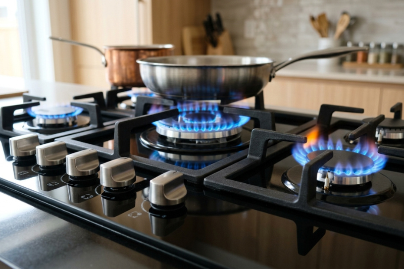 Cooktop a gás preto com cinco bocas acesas em chama azul, uma panela inox e uma panela de cobre sobre as grades, em cozinha com bancada de madeira clara ao fundo.