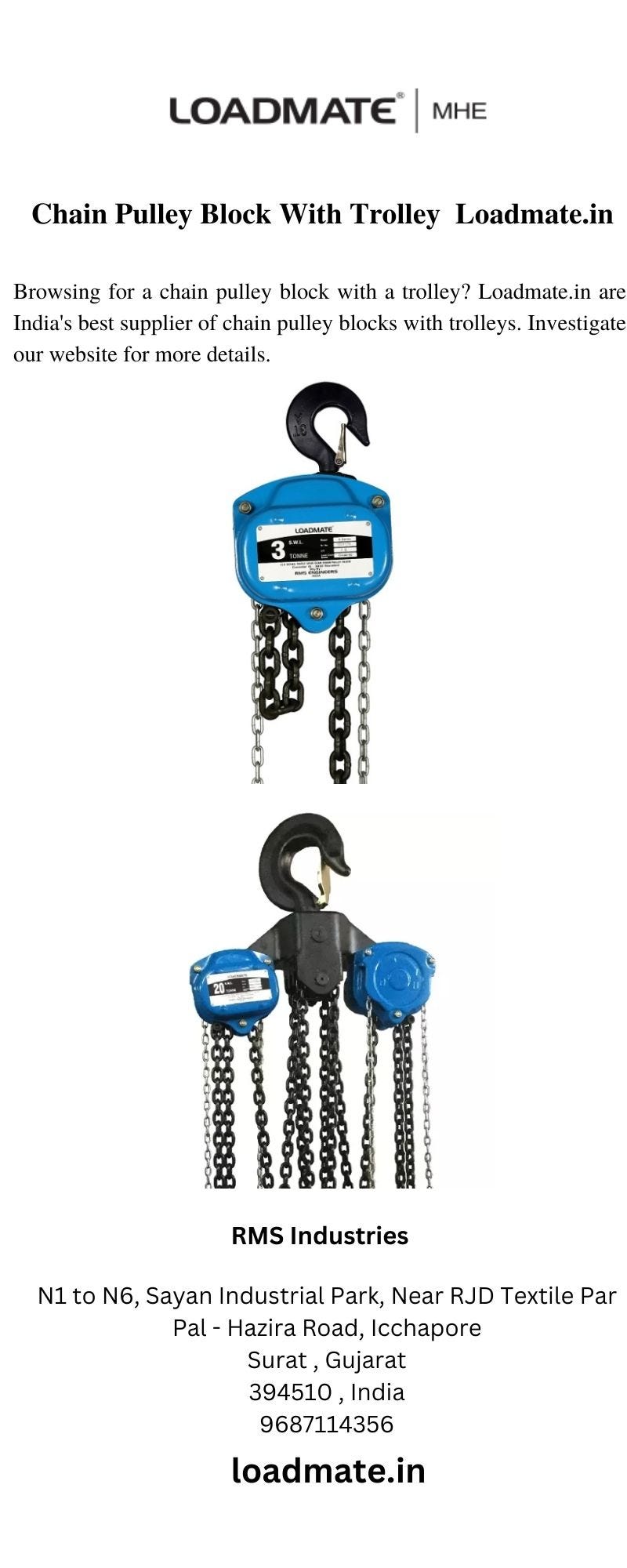 Chain Pulley Block With Trolley Loadmate.in RMS Industries Medium