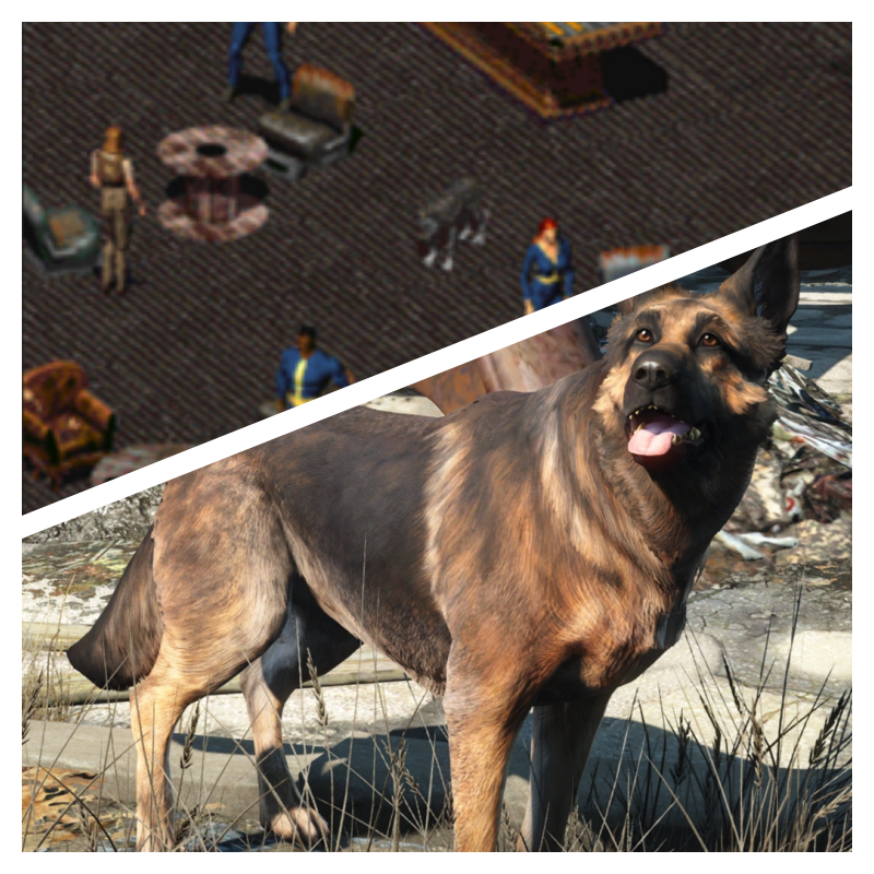 The Dogmeats of Fallout 1 (1997) and Fallout 4 (2015). Credit: Interplay, Bethesda Softworks