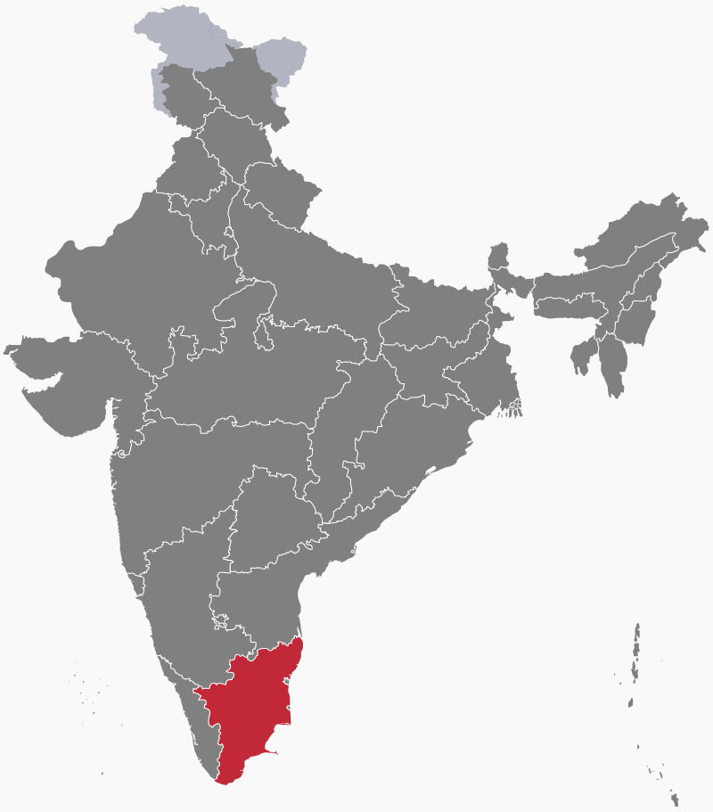 For your referenced, Tamil Nadu is located here in red, at the southeastern tip of the country.