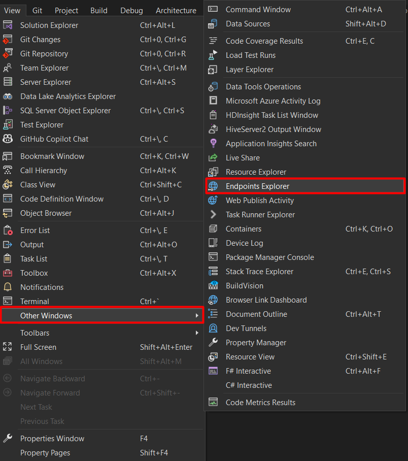 Use Endpoints Explorer in Visual Studio to debug the Api by