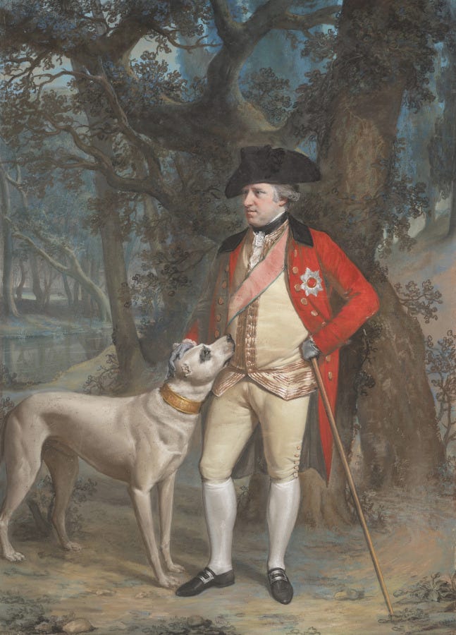Pastel portrait of George Clavering Cowper and his dog standing in front of a misty brown and blue forest. Cowper looks to his right, left hand on his hip, holding a cane, and wearing a pink sash, red coat with a silver star, and a black tricorn hat. His right hand rests on his dog's head, at waist height with sleek, short, tan fur looking up at Cowper and wearing a gold collar inscribed "COWPER."