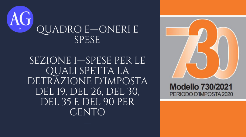 Modello 730/2021 — Guida alla compilazione: QUADRO E — Oneri e Spese —  SEZIONE I — Spese per le quali spetta la detrazione d'imposta del 19, del  26, del 30, del 35