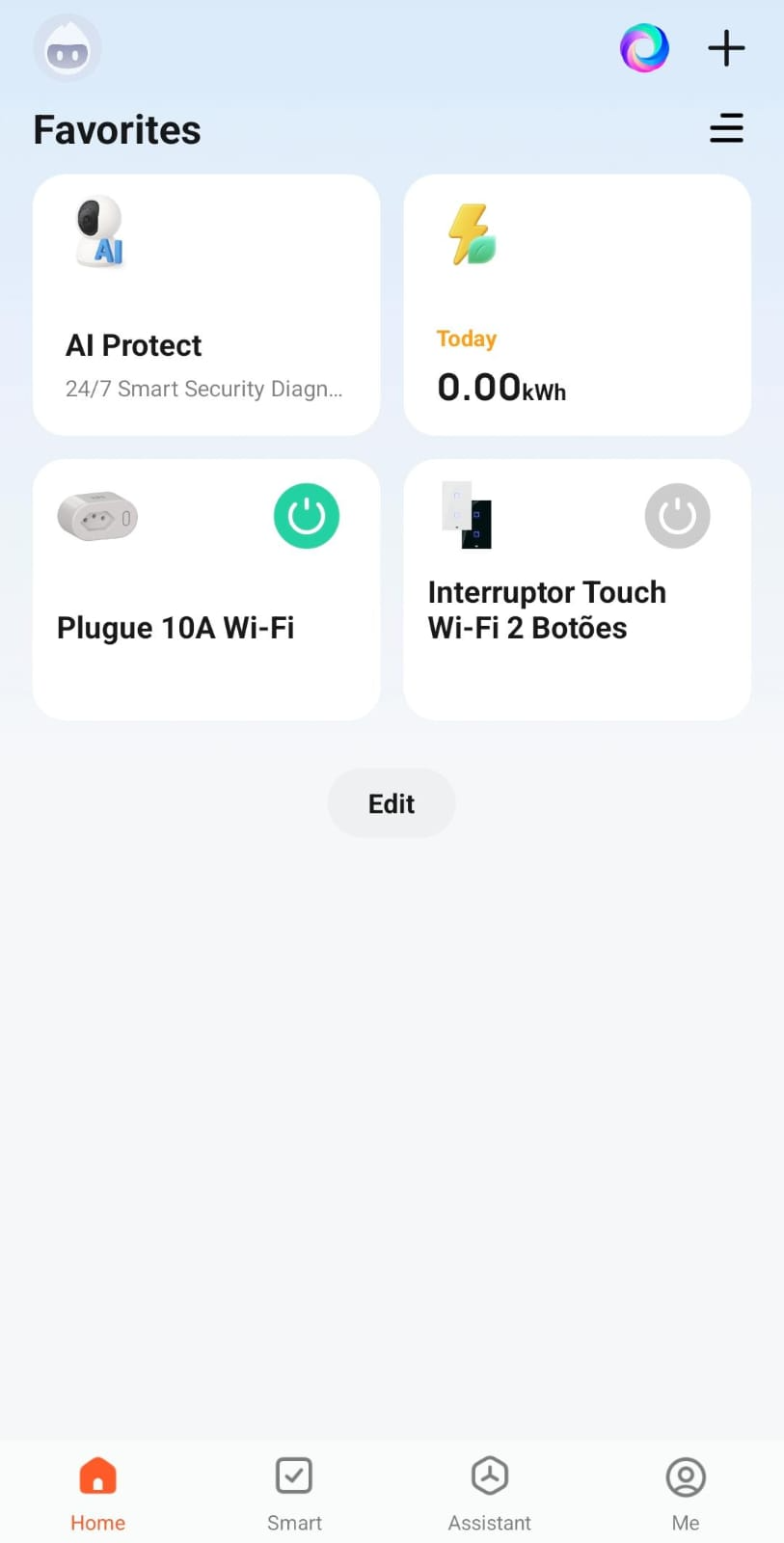 Tela principal do app Tuya, com opções Home, Smart, Assistant e Me.