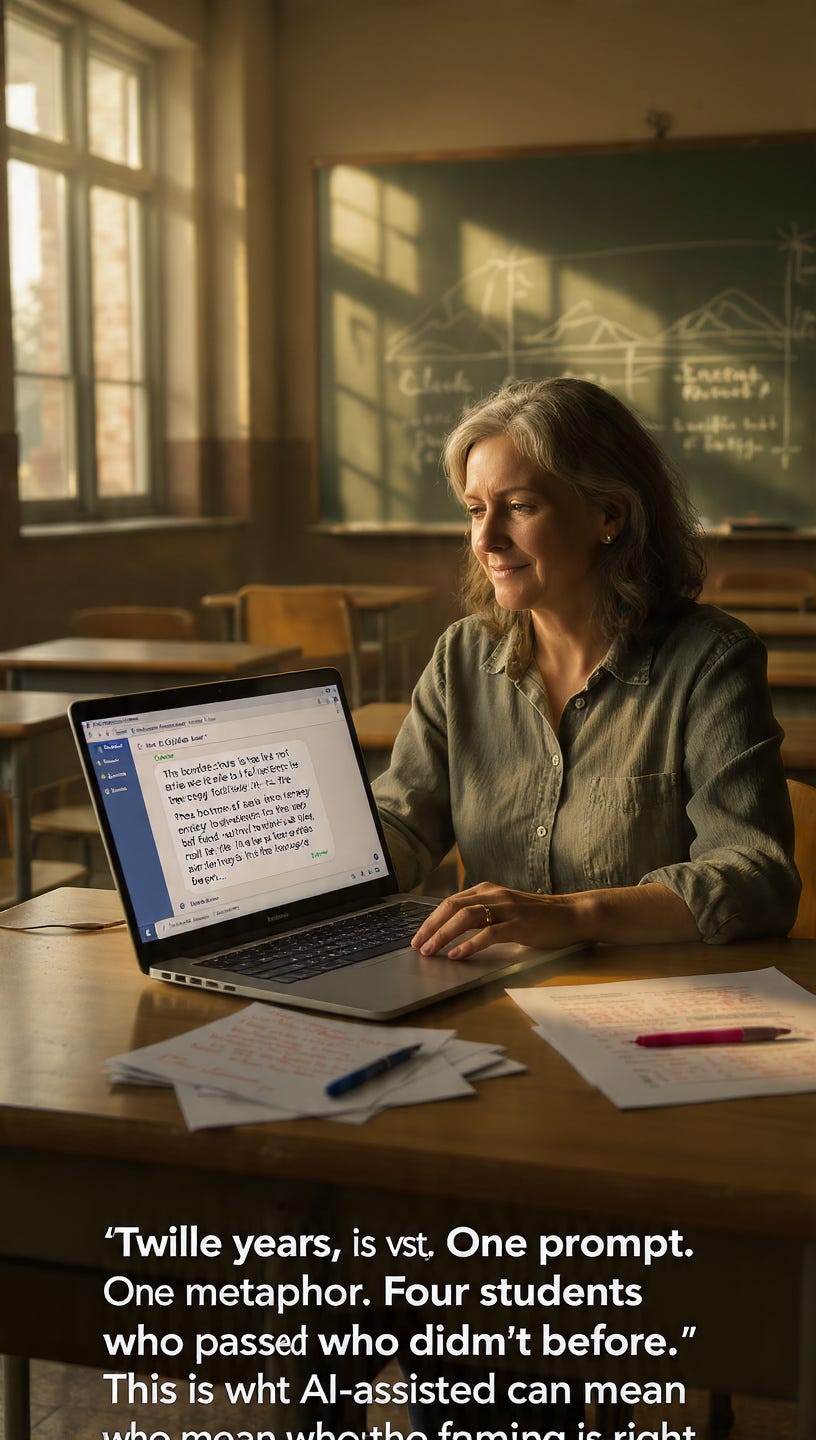 Caption: Twelve years. One prompt. One metaphor. Four students who passed who didn’t before. This is what AI-assisted explanation can mean when the framing is right.