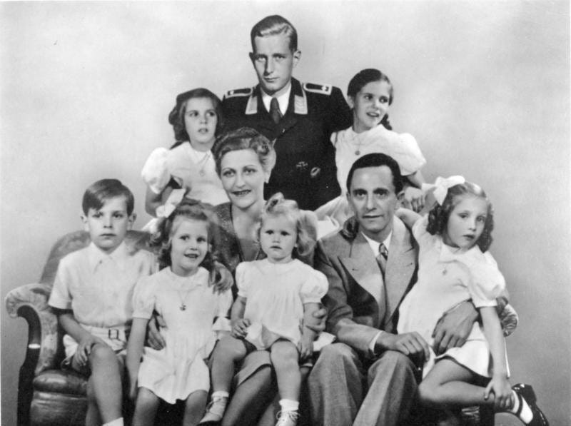 The Goebbels Family portrait: Magda Goebbels and Joseph Goebbels, with their six children Helga, Hildegard, Helmut, Hedwig, Holdine, and Heidrun. Behind is Harald Quandt, Magda’s son from her first marriage