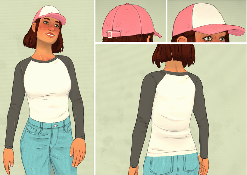 Maggie adore la nouvelle casquette et la chemise à col rond qui peut être rentrée ou sortie.